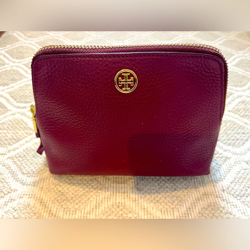 Tory Burch Maroon Tumbled Leather Cosmetic Case